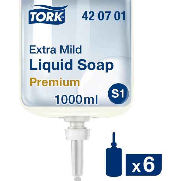 Nachfüllpackung Tork Flüssigseife, Extra Mild, 1000 ml, Premium Qualität, 6er Packung, Produktnummer 42 07 01.